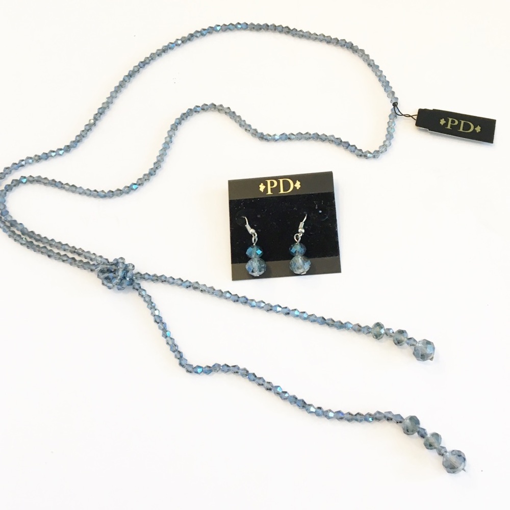 Beaded lariat style necklace/earrings blue pretty